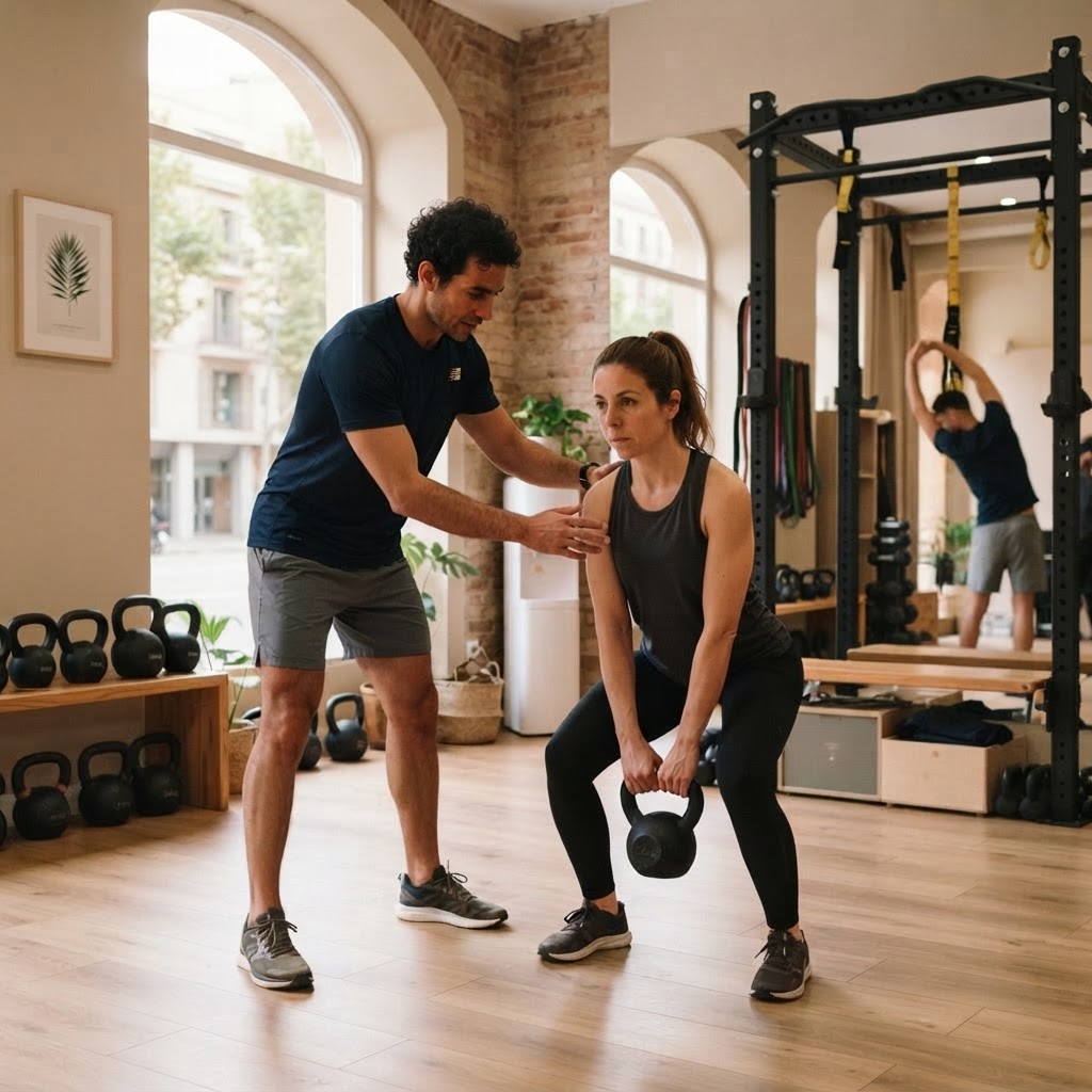 Entrenador personal español guiando una sesión individual en un estudio boutique contemporáneo con vista a una avenida urbana diferente