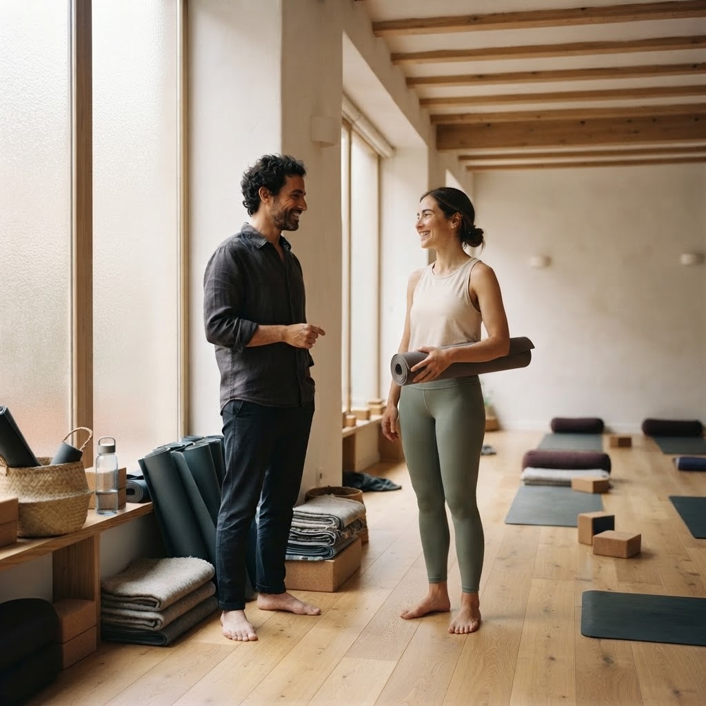 Profesor de Yoga español conversando con una alumna antes de una clase en un estudio contemporáneo luminoso