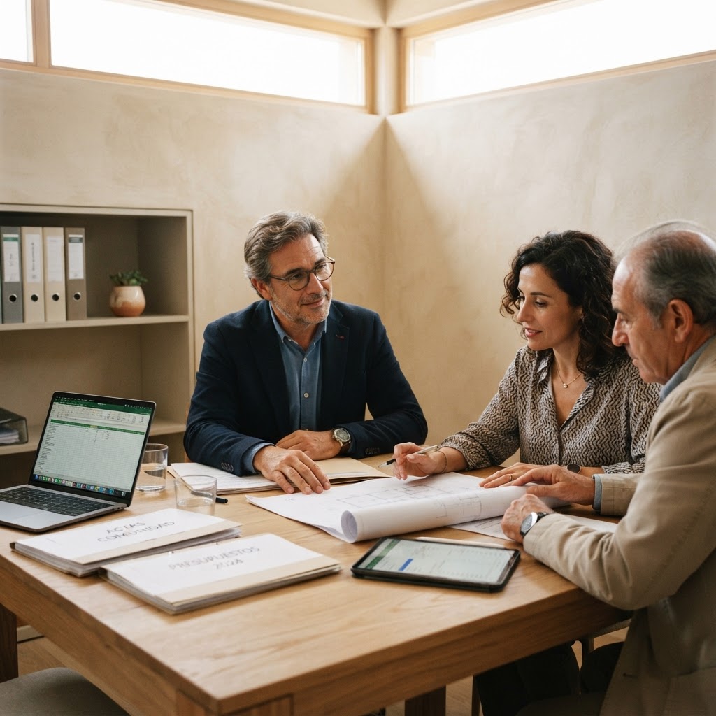Administrador de fincas español reunido con propietarios revisando documentación de comunidad en una sala de reuniones contemporánea