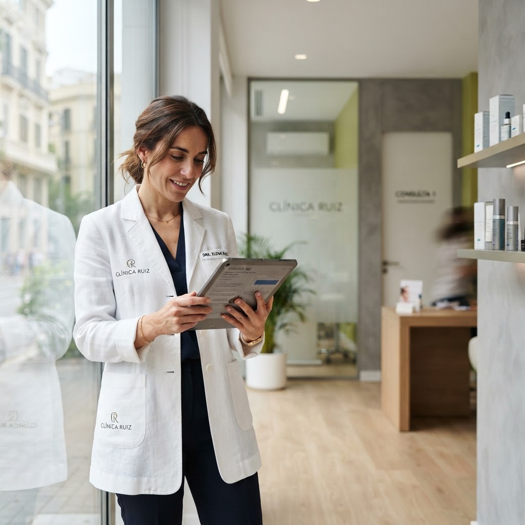 Profesional de una clínica estética contemporánea revisando información con luz natural