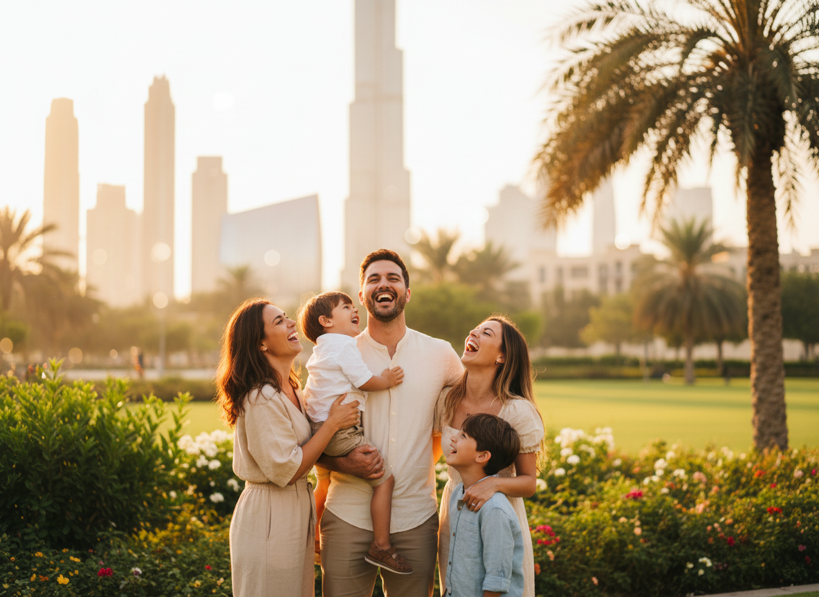 Happy family portrait at golden hour