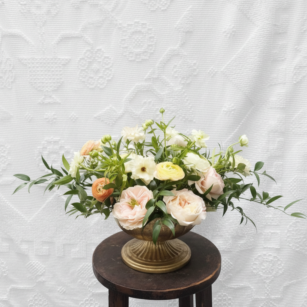 Lush garden-style arrangement of blush roses and ranunculus in brass urn