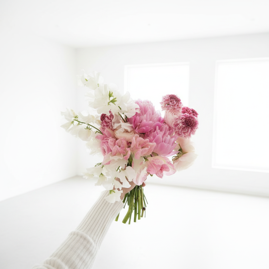 Hand-held bouquet of pink peonies, sweet peas and scabiosa