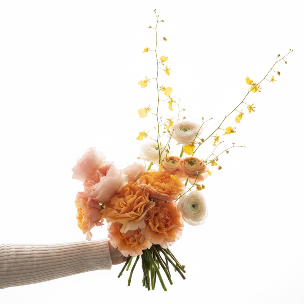 Hand-held bouquet of peach ranunculus, roses and yellow oncidium orchids