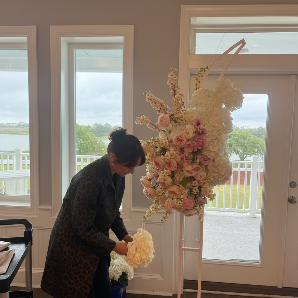 Sculptural blush and white floral installation on a pink stand in a coastal interior