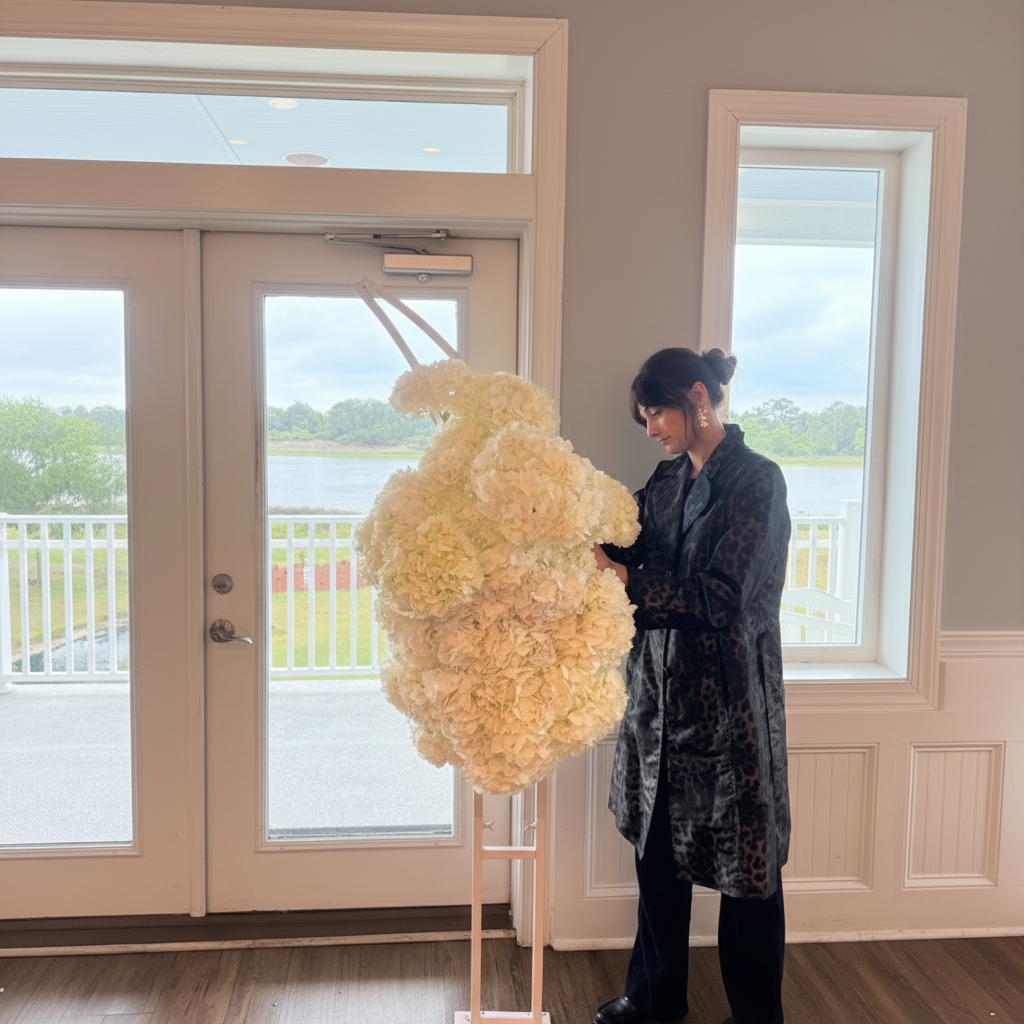 Tall sculptural white hydrangea cloud installation on a pink metal stand by waterfront windows