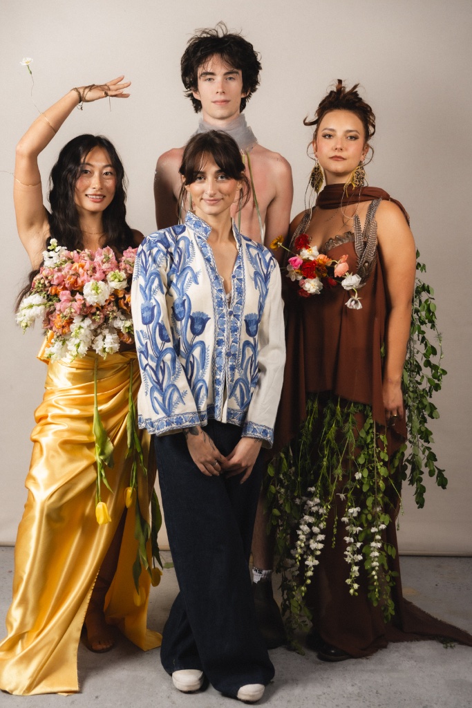 Floral editorial shoot with four models wearing botanical arrangements