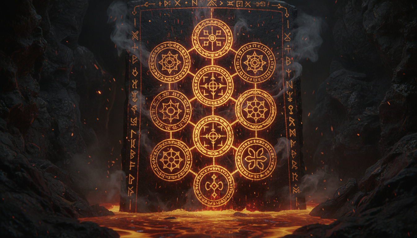 Ancient tablet with nine glowing rings