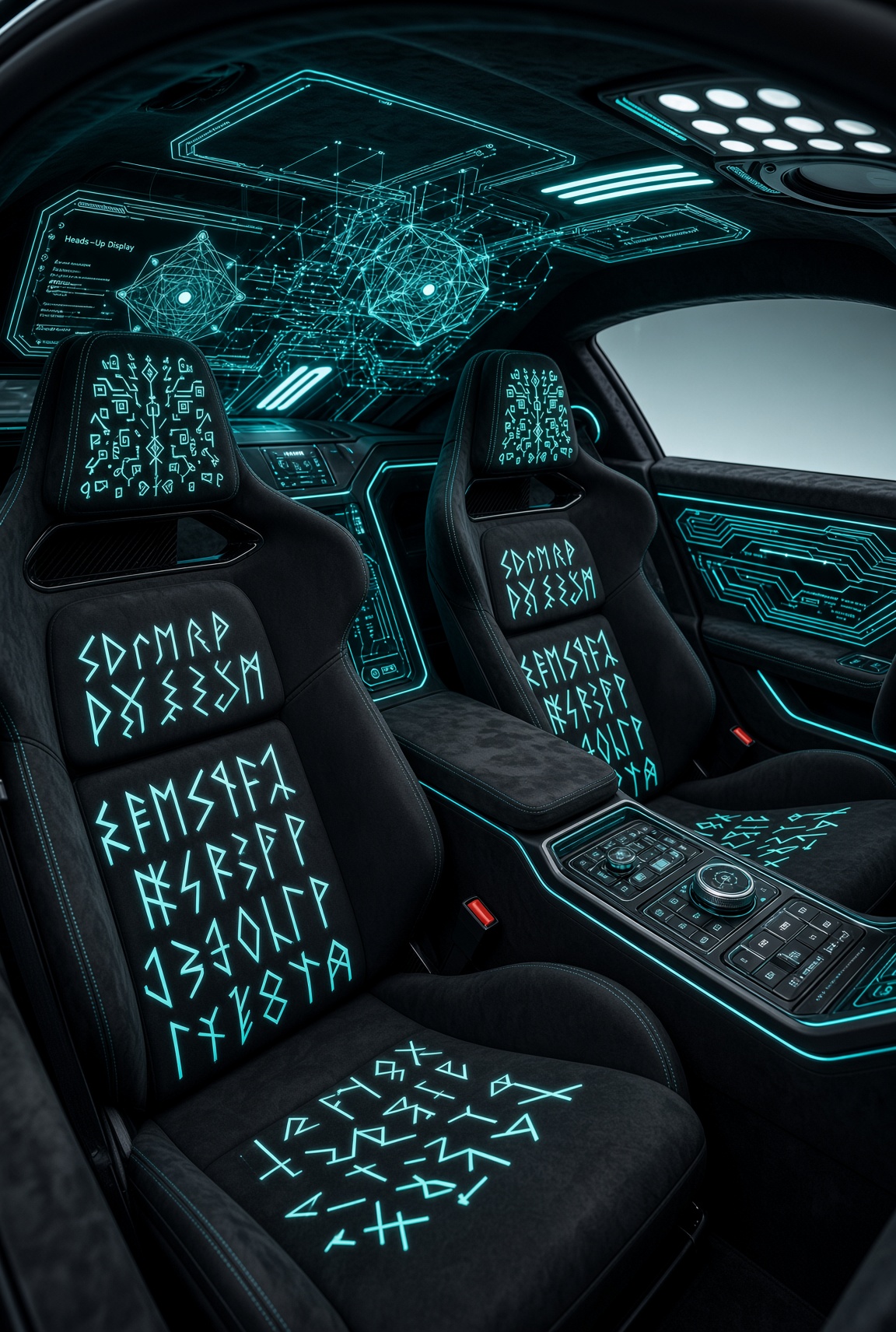 Cabin with glowing cyan rune patterns on the seats and ceiling