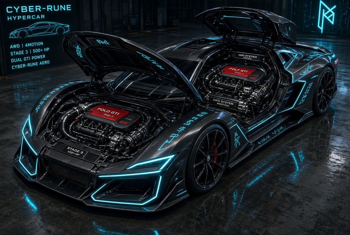 Cyber-rune hypercar with both Stage 3 engine bays open