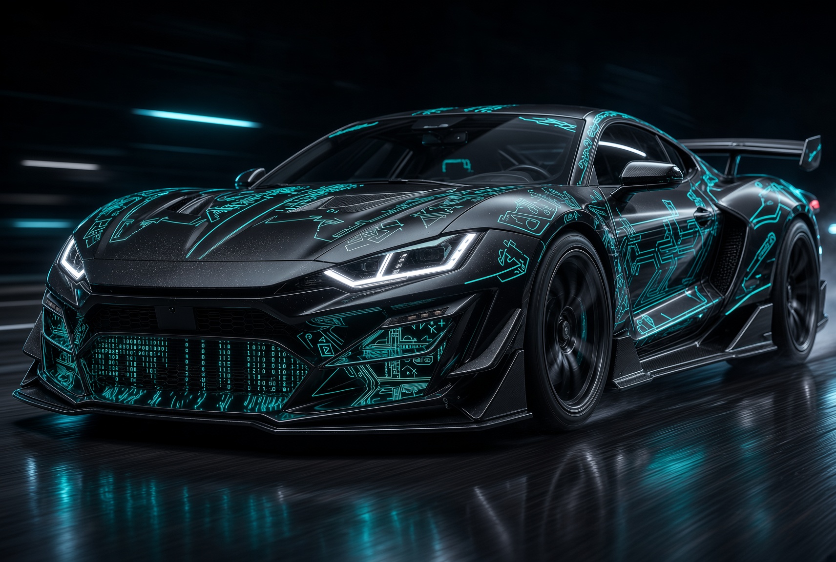 Concept hypercar lit with cyan circuit lines on a wet road