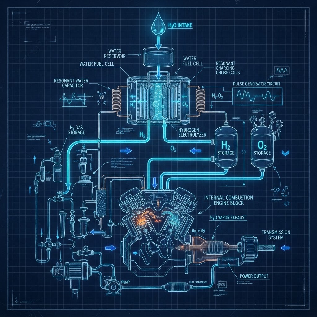 Water-fuel engine blueprint schematic
