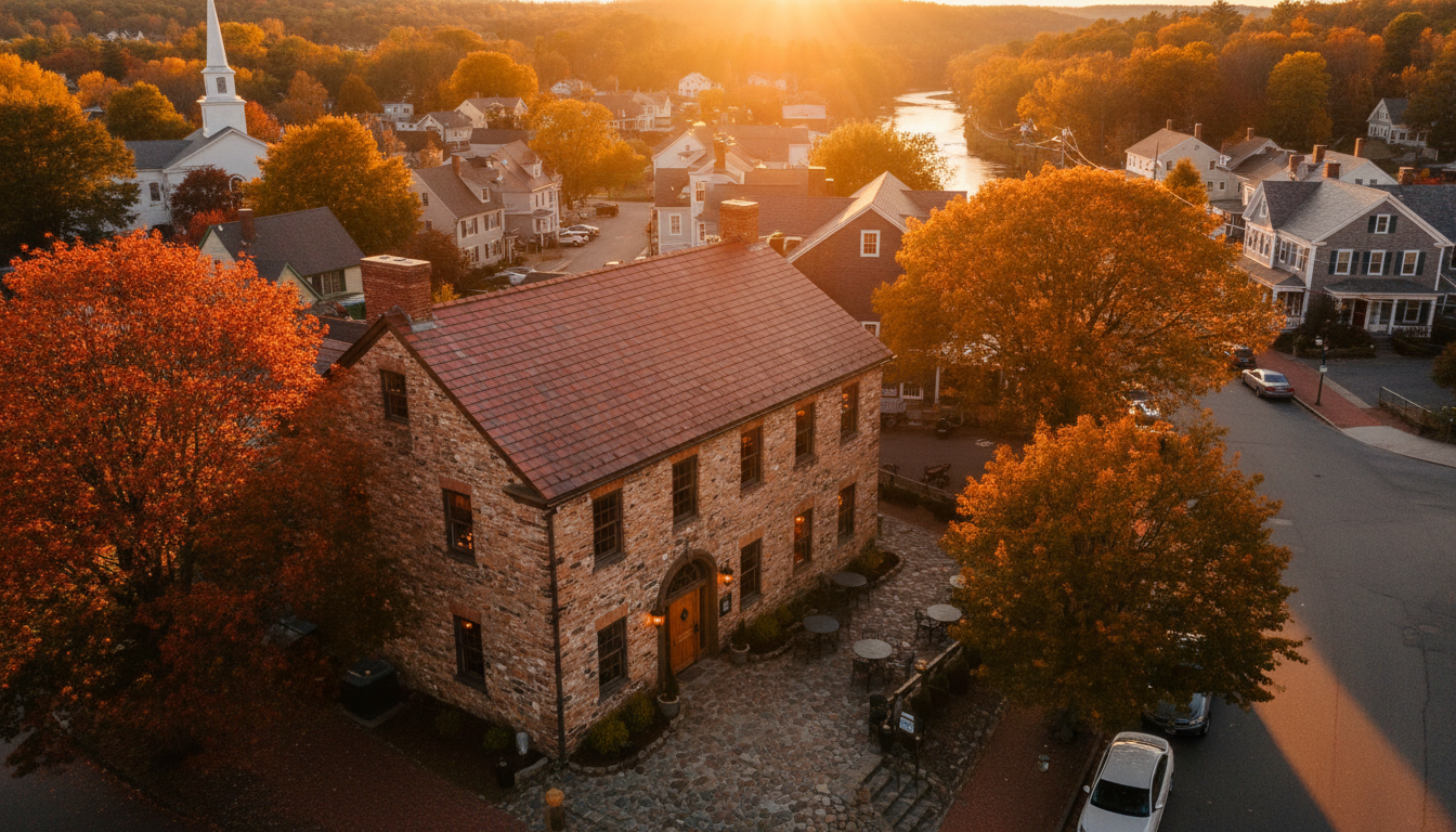 Avon Pizza Co. restaurant exterior at golden hour with warm glowing lights