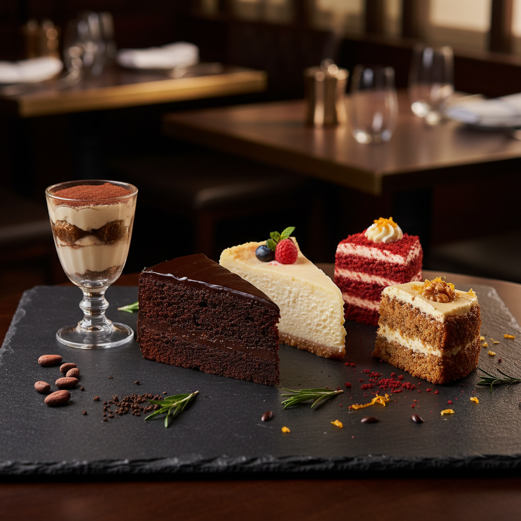 Elegant dessert spread with chocolate cake, cheesecake, tiramisu and red velvet
