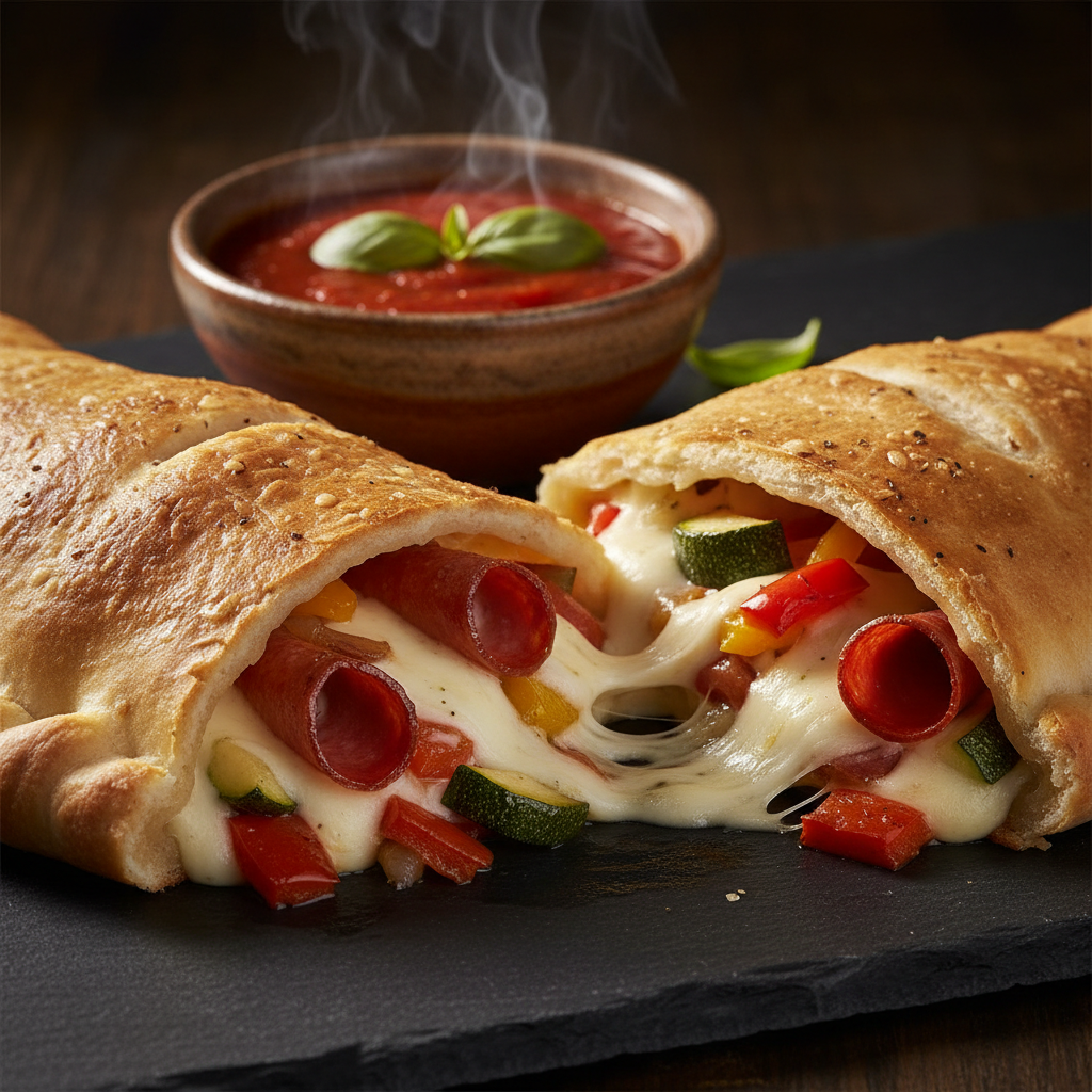 Golden baked calzone cut open with melted mozzarella and pepperoni, with marinara dipping sauce alongside