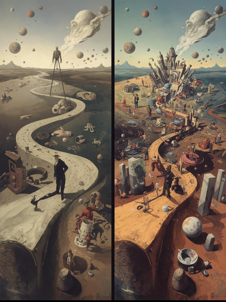 A Slow Loop, Fast World — surrealist illustration of strategic subjectivity