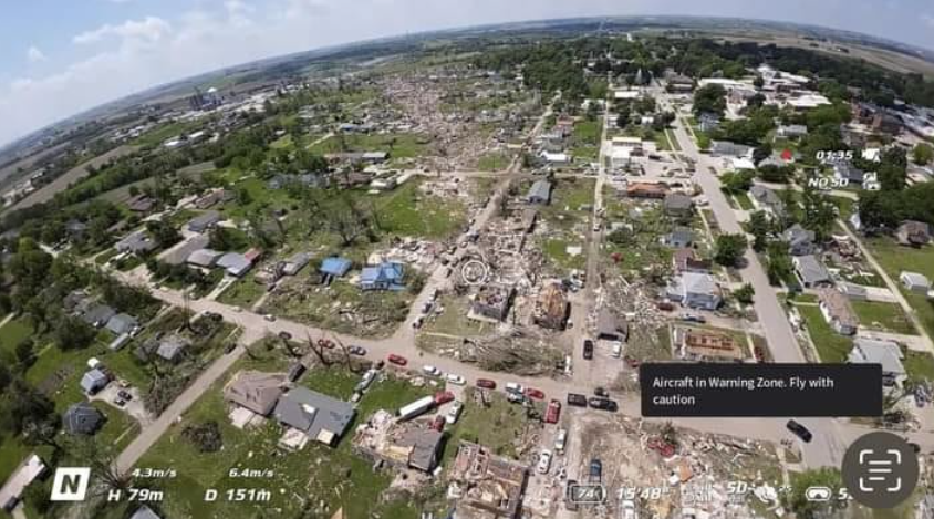 Drone aerial view of tornado destruction zone