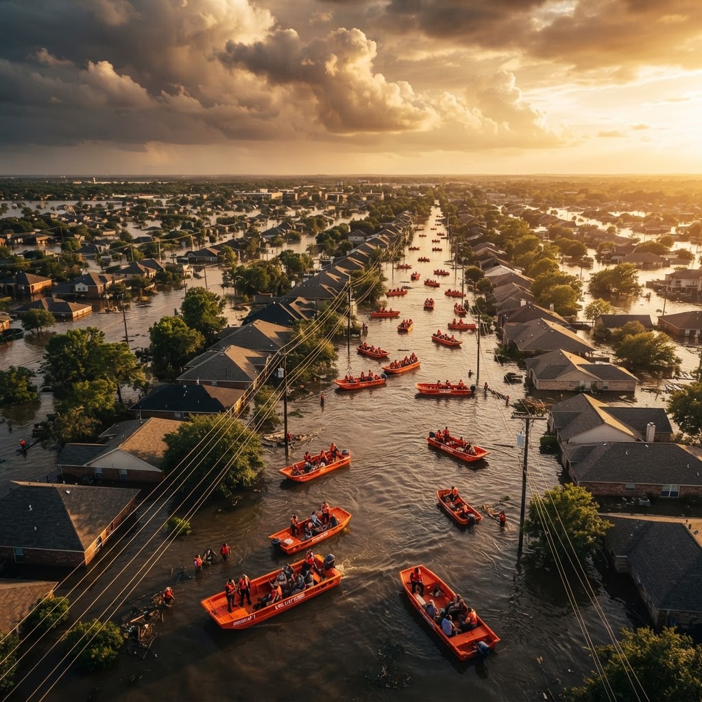 Aerial view of rescue boats navigating flooded neighborhoods at golden hour