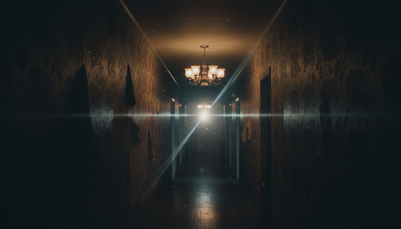 A dark 1970s hallway with chandelier and vintage wallpaper