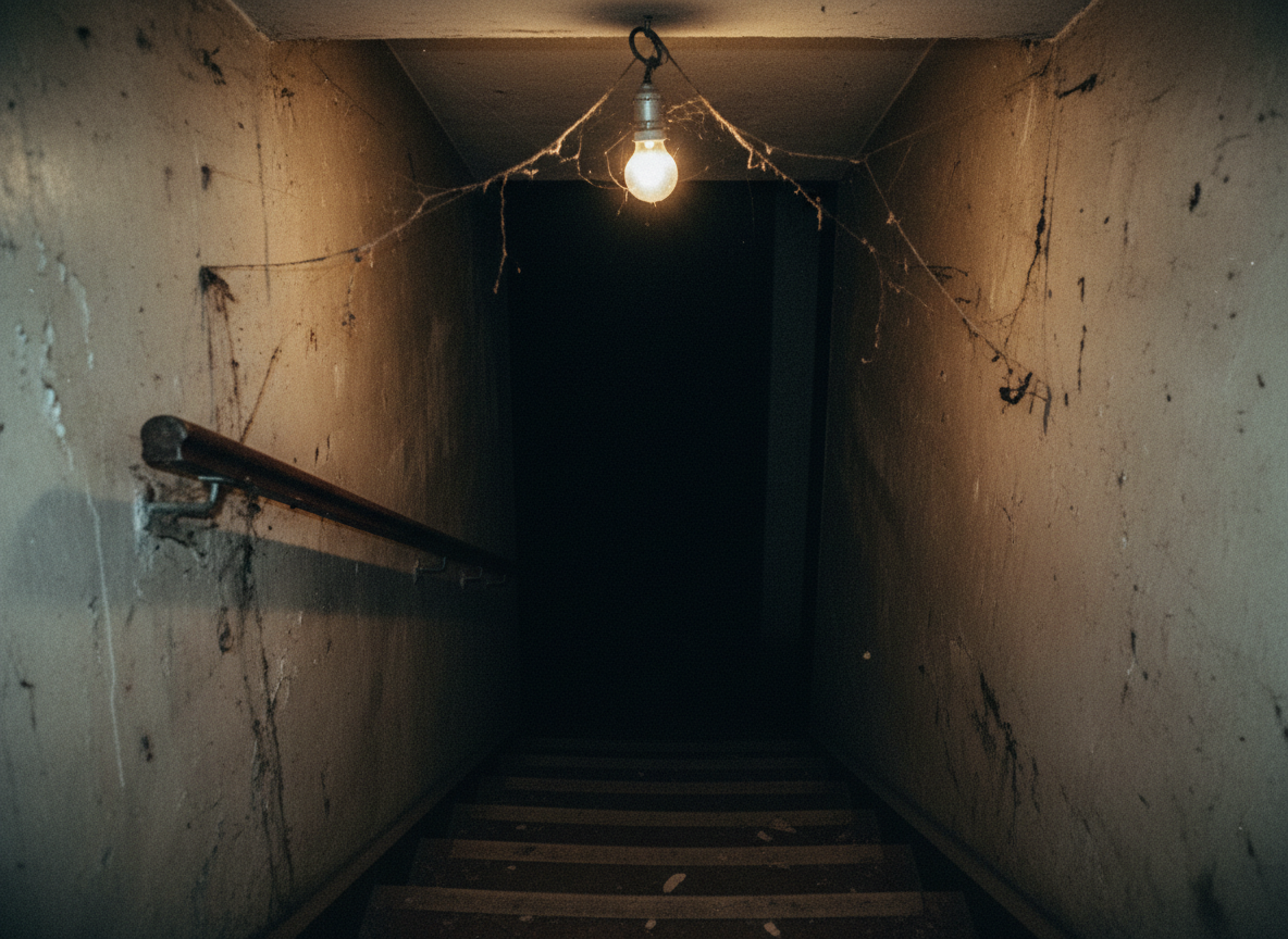 Dark basement stairs descending into pitch blackness