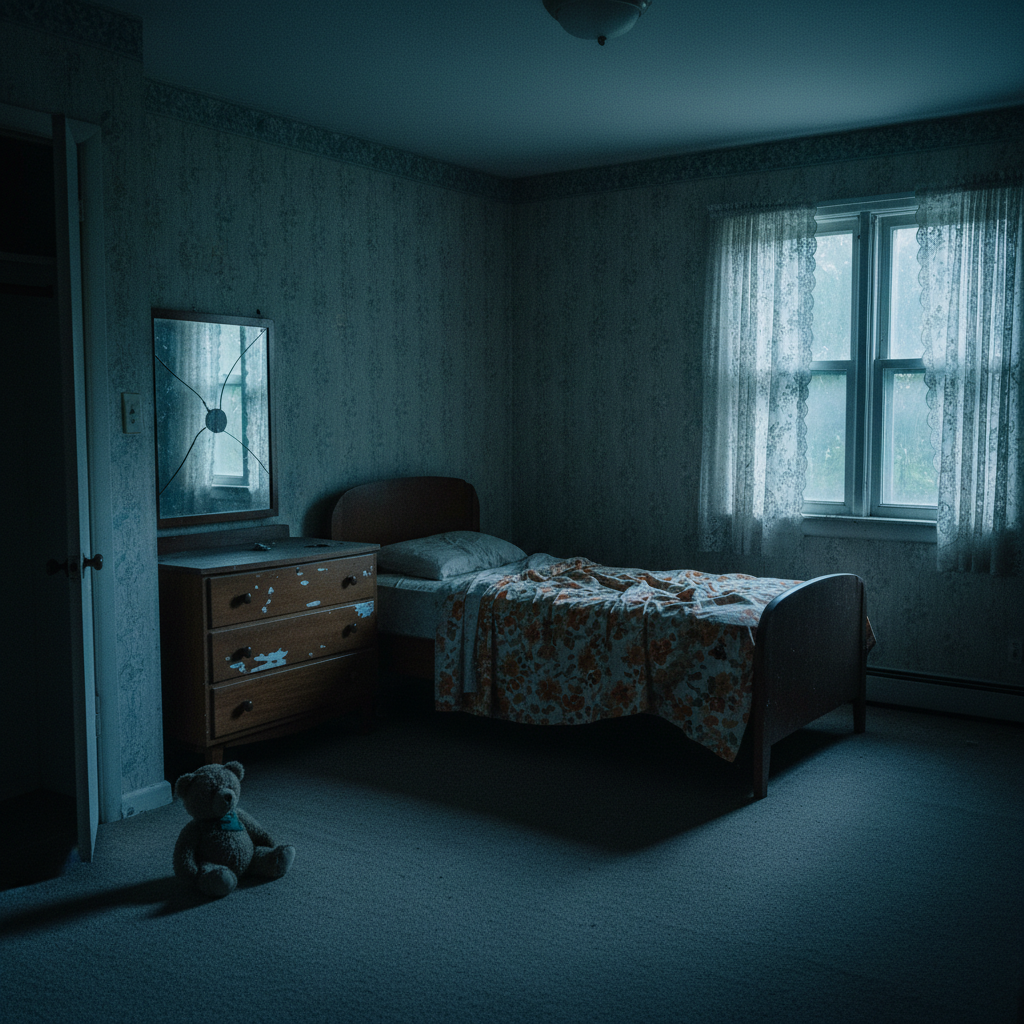 Child's abandoned bedroom with moonlight and teddy bear on the floor