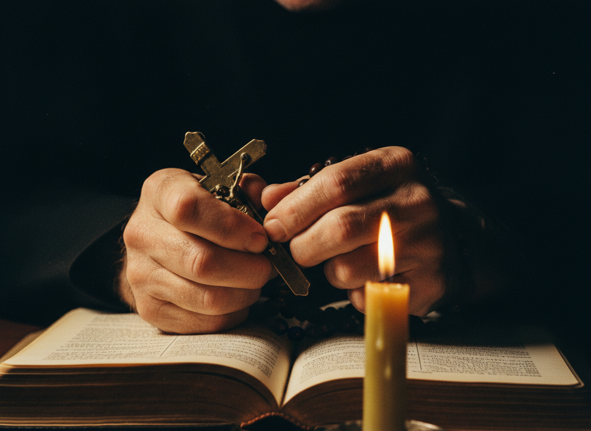Priest's hands holding a crucifix and rosary illuminated by candlelight