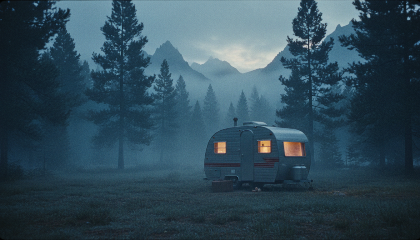A camper parked in a misty mountain clearing at dawn