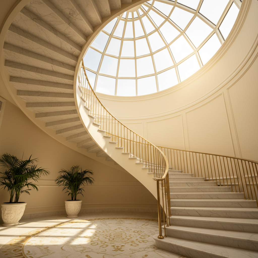 Luxury custom and circular staircases with marble, oak, and gold finishes