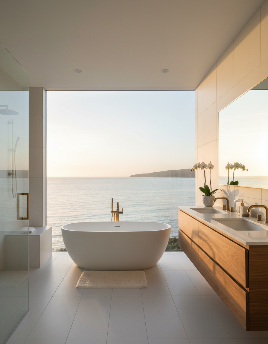 Luxury bathroom remodel with standalone soaking tub and ocean view
