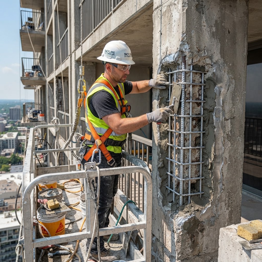 Balcony Column Repair — Spalled Concrete & Rebar Treatment