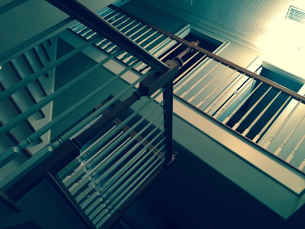 White & Wood Stair Railing — Overhead