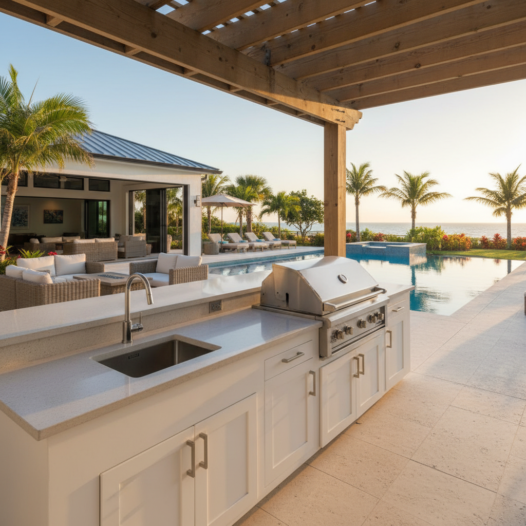 Luxury outdoor kitchen with PVC cabinets, built-in grill, pergola and pool