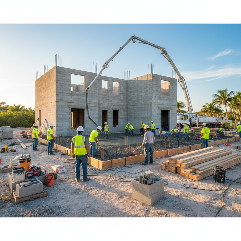 Concrete block walls, slab foundation and structural framing for a Central Florida build