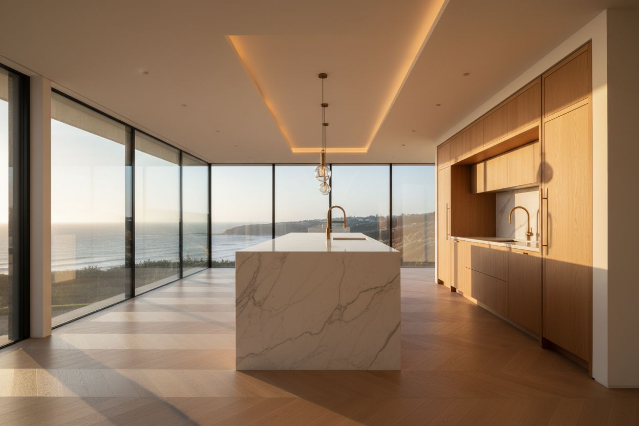 Modern luxury kitchen with marble island and golden hour lighting