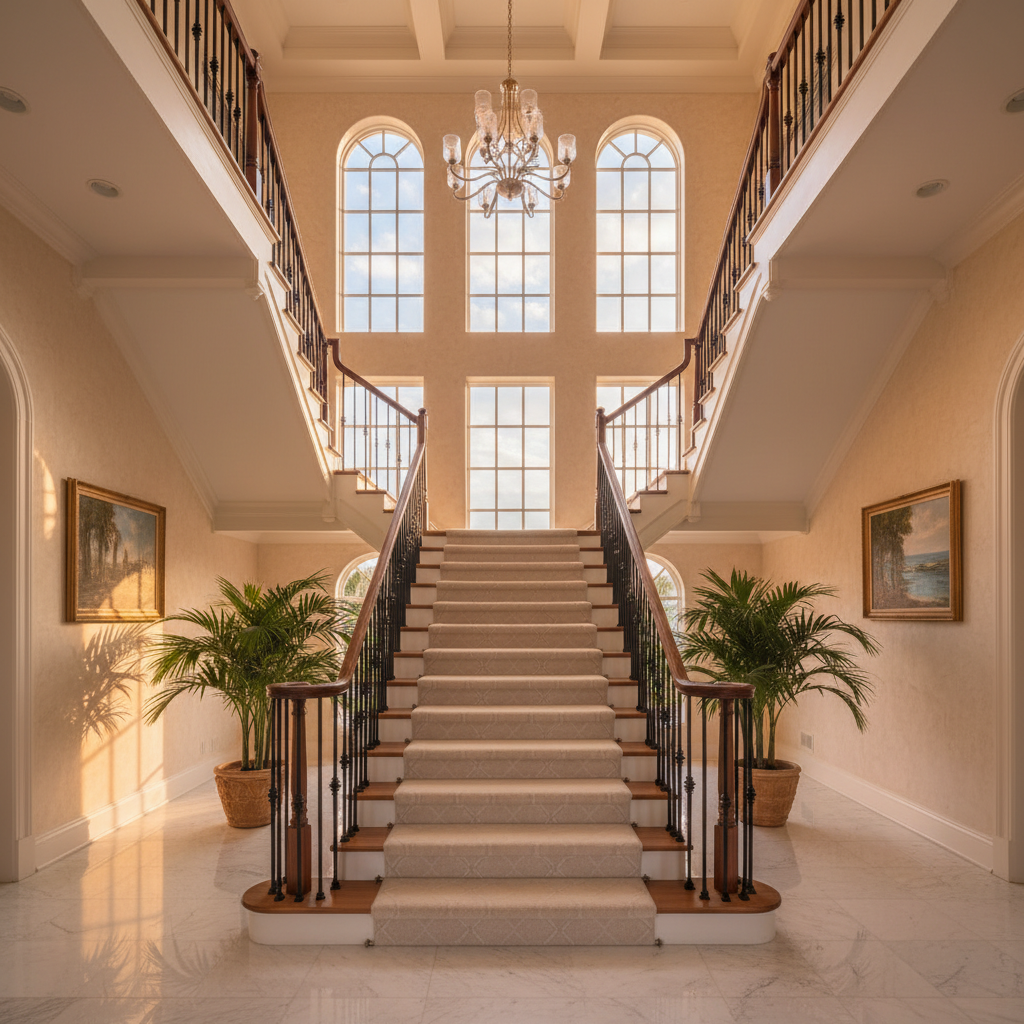 Luxury custom staircase with white oak treads and wrought iron balusters