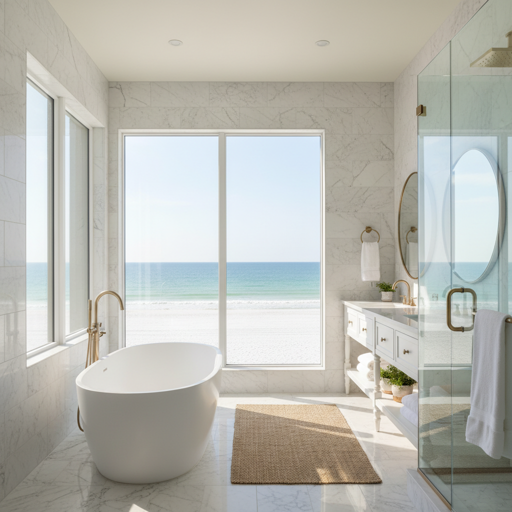 Luxury bathroom with standalone soaking tub and ocean view