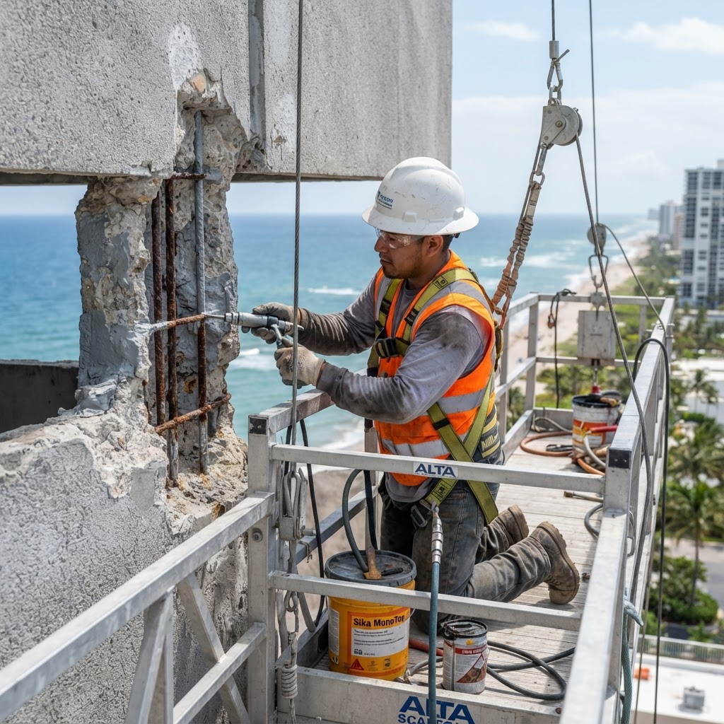 Worker on an OSHA-compliant swing stage scaffold treating corroded rebar during concrete restoration