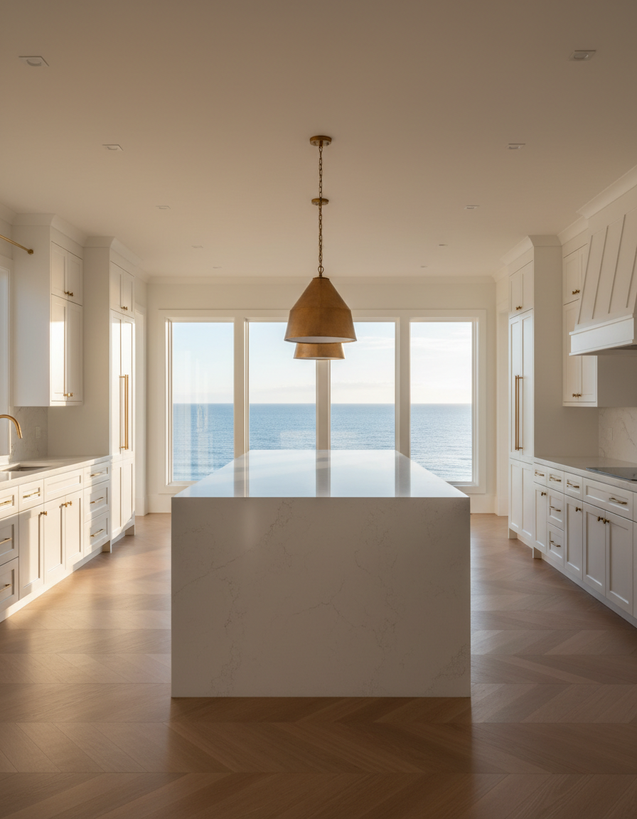 Luxury modern kitchen remodel with quartz countertops and brass fixtures