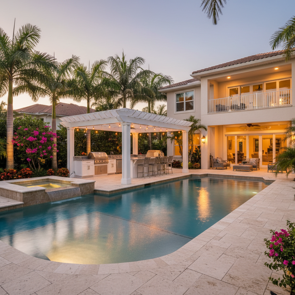 Luxury pool with pergola, outdoor kitchen and travertine pavers at golden hour