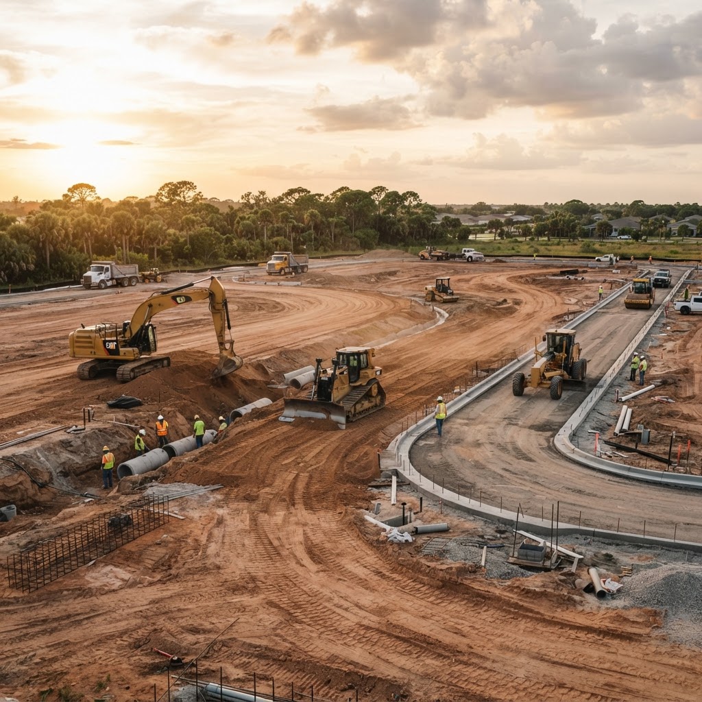 Land development site with excavators grading and storm drainage installation