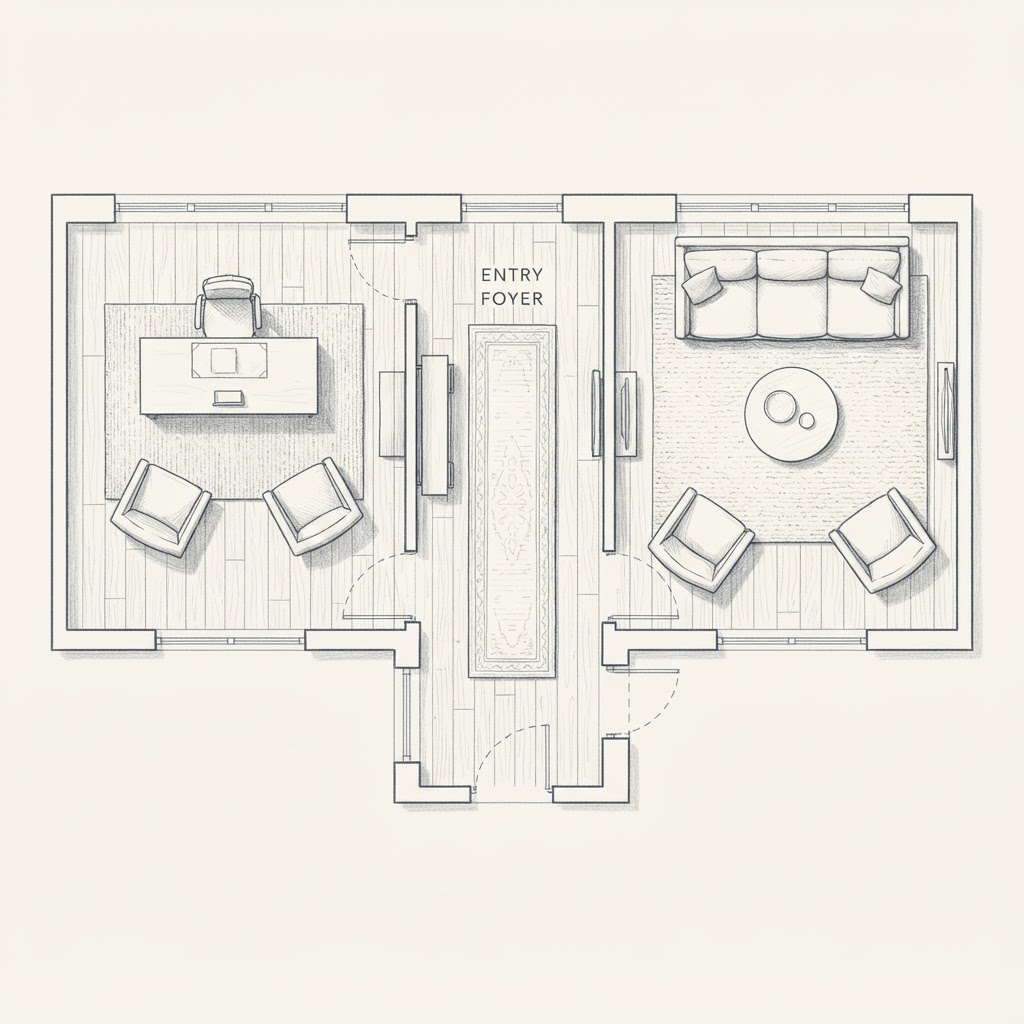 Illustrated floor plan of a home office, foyer, and living room with furniture drawn in place.