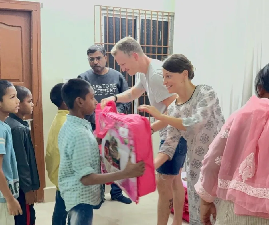 Handing out winter blankets