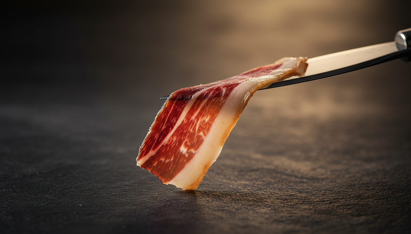 Jamón ibérico de bellota cortado con maestría, mostrando su veteado natural