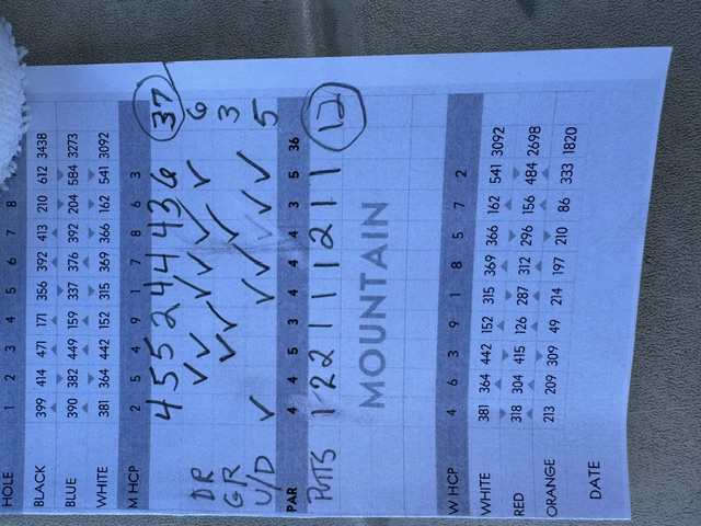 Tom's scorecard — 37 on the front, 12 putts