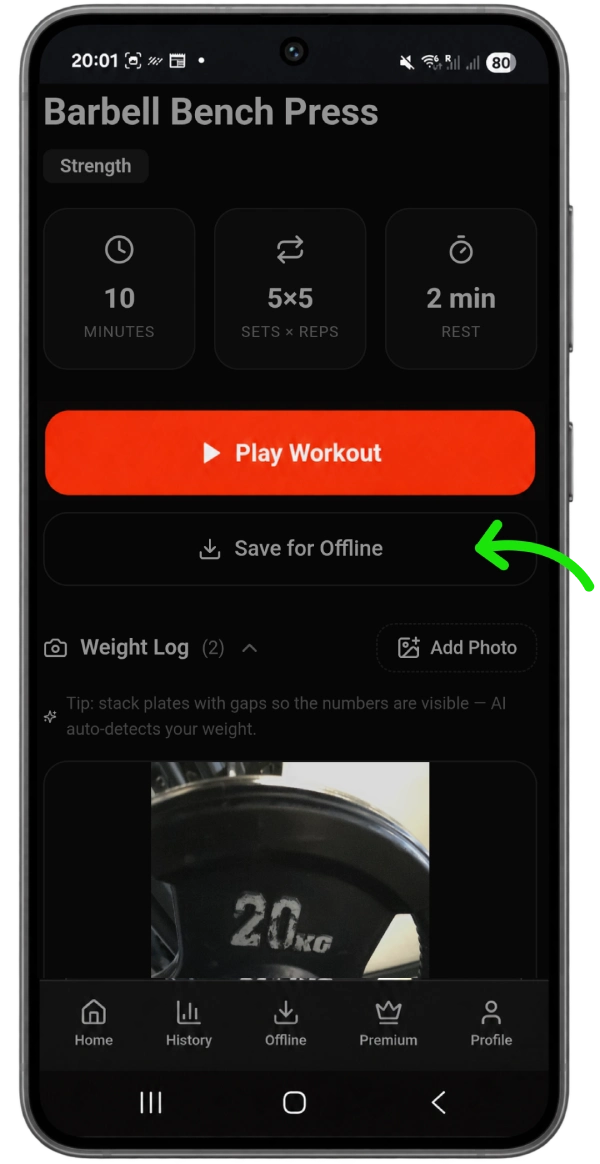 RepVoxr offline workout screen with weight log