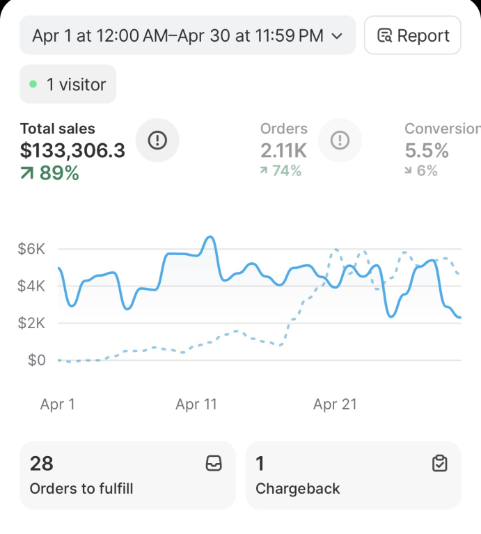 Monthly store analytics showing $133,306 in total sales