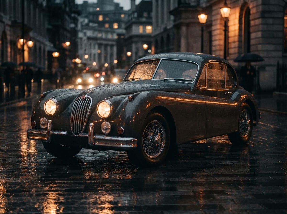 Black classic sports car on a rain-soaked city street