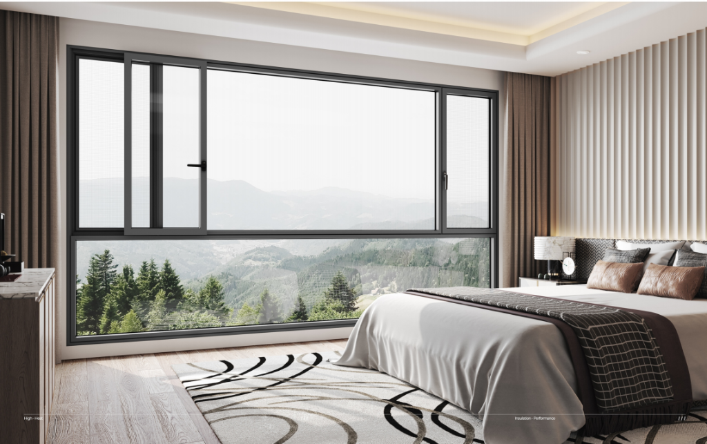 Modern living room with floor-to-ceiling casement windows