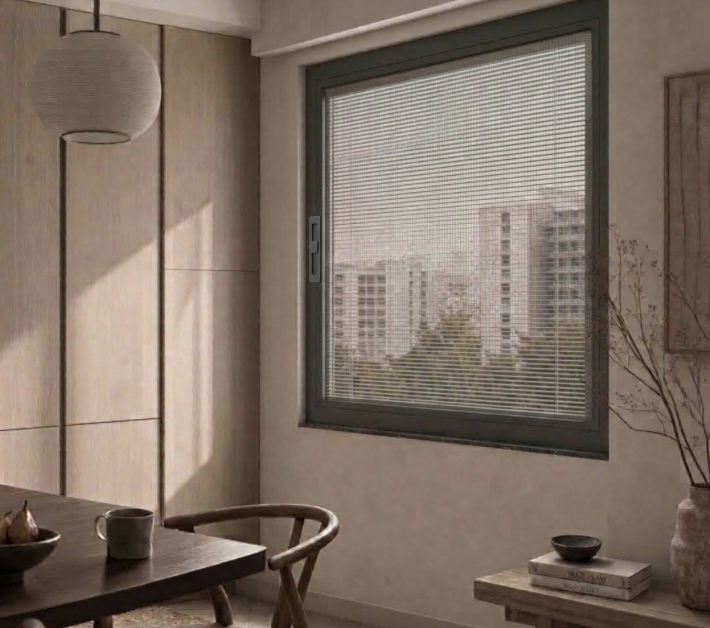 Window with inbuilt blinds in aluminium frame