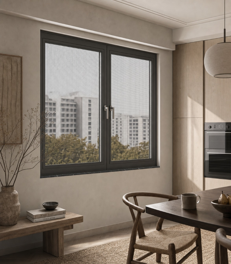 Interior view of window with mesh screen overlooking cityscape